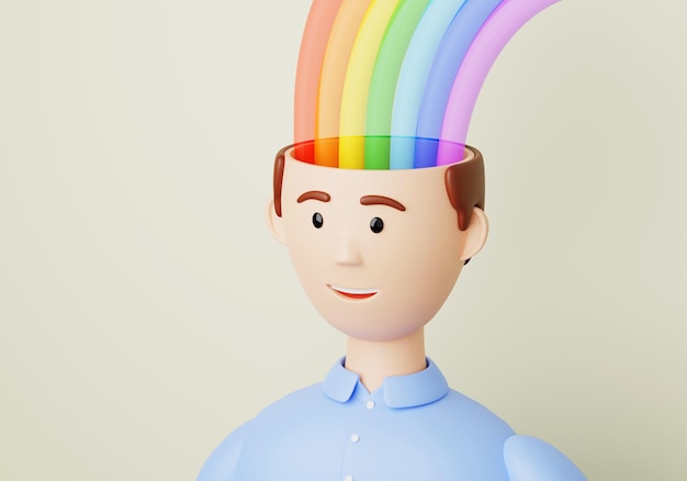 Rainbow in the head as a symbol of creativity joy and fun 3d render