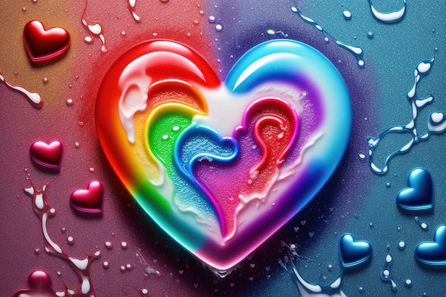 A rainbow heart with water drops on it