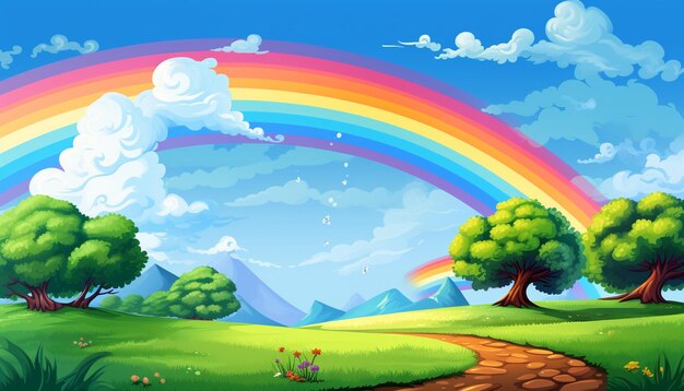 A rainbow over a hill with a tree and mountains in the background