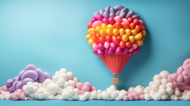 Rainbow hot air balloon in the sky with clouds 3D Rendering