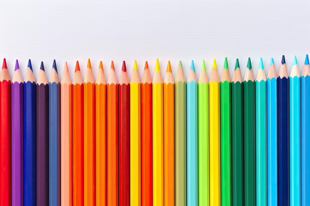 Photo rainbow hued pencils arranged vertically on a white background