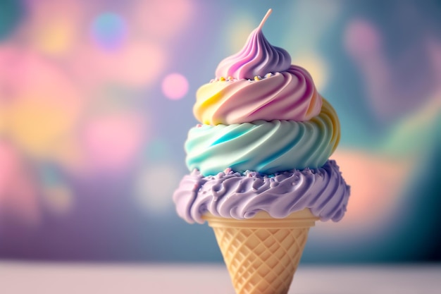 Конус радужного мороженого крупным планом на фэнтезийном фоне Генерирующая иллюстрация ИИ