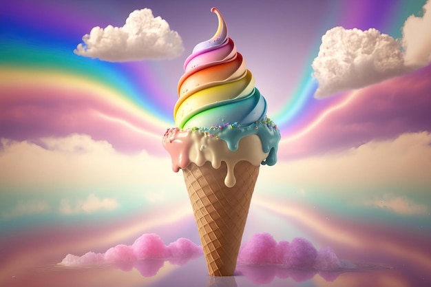 Rainbow Ice Cream Cone on a fantasy background soft style Generative AI