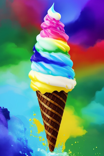 Photo rainbow ice cream in a cone with a rainbow background