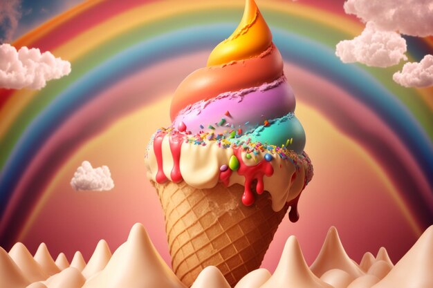 A rainbow over a ice cream cone with rainbow on the top.