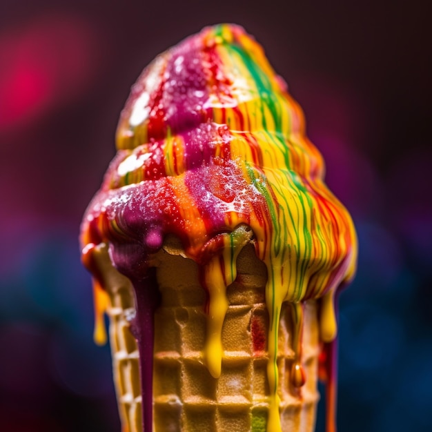 A rainbow ice cream cone with the top of it