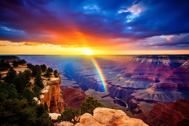 A rainbow illuminating the sky above a canyon