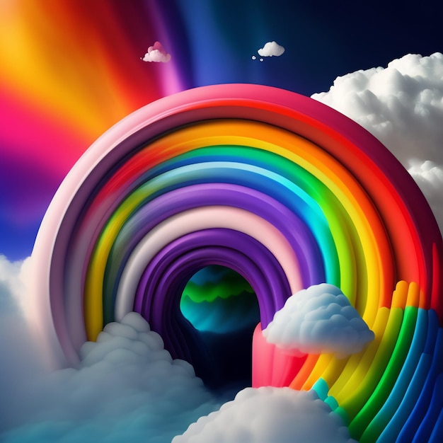 A rainbow is in the clouds and the sky is painted with a colorful background.
