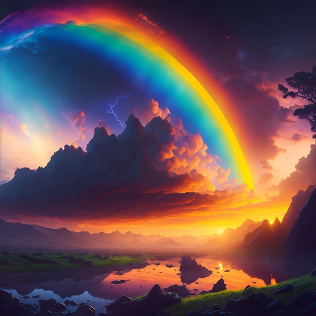 Foto un arcobaleno è sopra un lago e il sole splende su di esso.