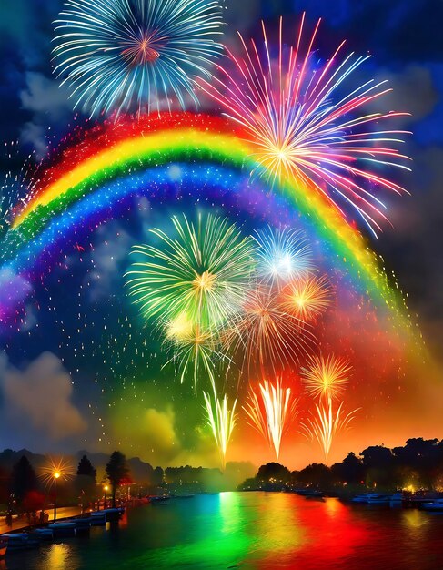 A rainbow is lit up with fireworks in the sky