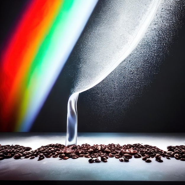 A rainbow is reflected on a table and the coffee beans are on the table