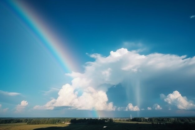 A rainbow is seen over a field of trees and a field of grass.