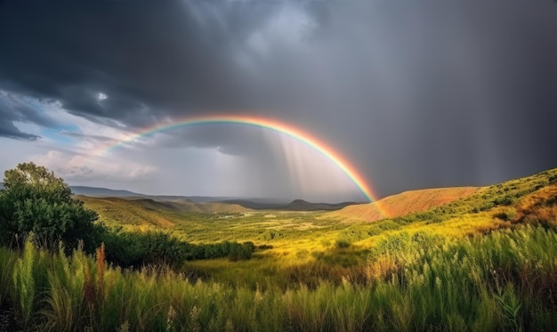 A rainbow is seen over a green field.