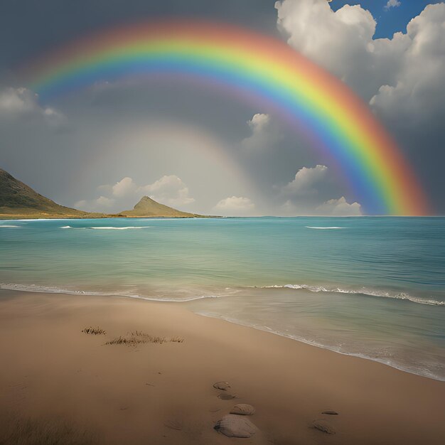 Foto un arcobaleno è visto nel cielo sopra una spiaggia