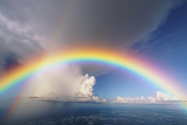 A rainbow is seen in the sky above the clouds.