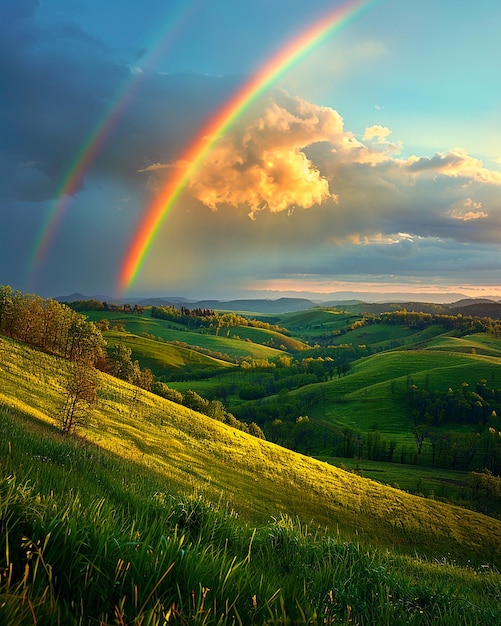 Foto un arcobaleno è visto nel cielo sopra un campo