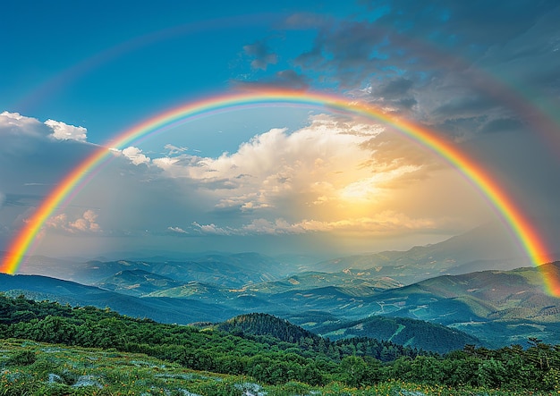 Photo a rainbow is seen in the sky above the mountains