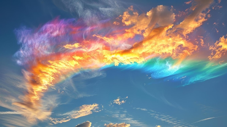 Photo a rainbow is seen in the sky with a blue background the rainbow is very colorful and bright and it s