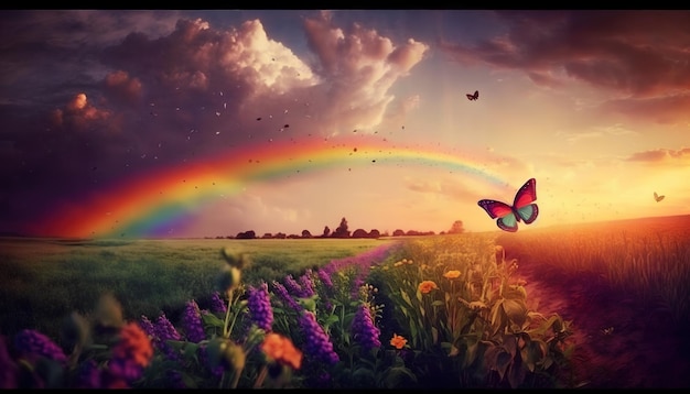 A rainbow is in the sky over a field and a butterfly