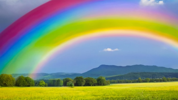 a rainbow is in the sky over a field of grass