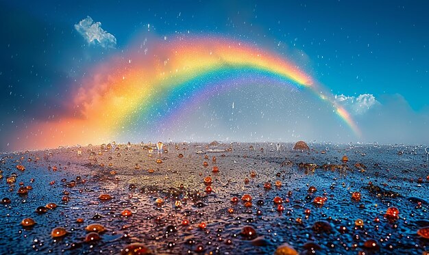 Photo a rainbow is in the sky and the ground is covered in water