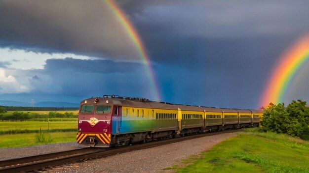 a rainbow is in the sky above the train