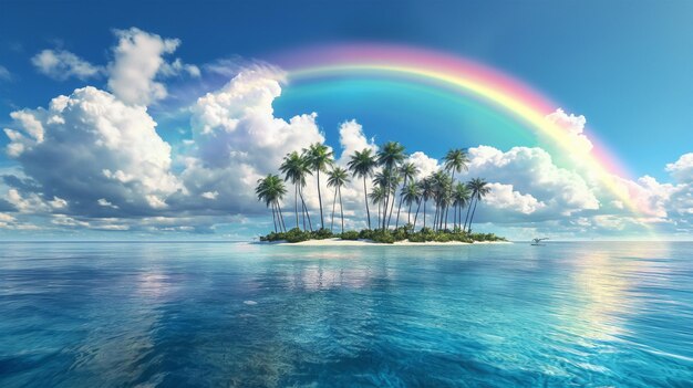 a rainbow is in the sky above the water