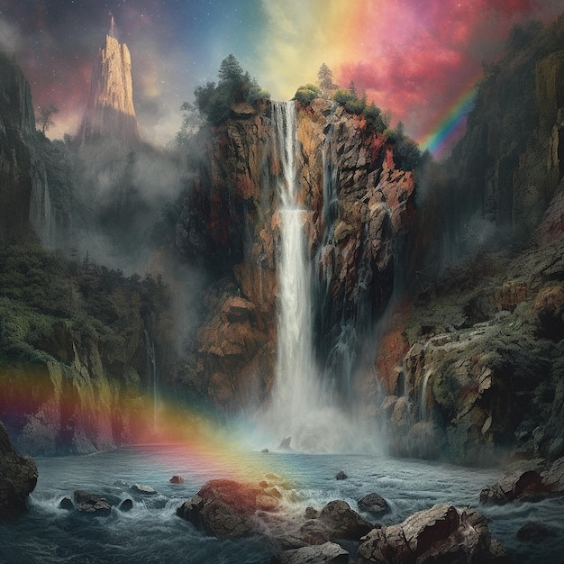 a rainbow is in the sky and the waterfall is rainbow