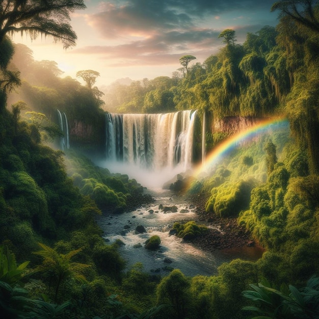 a rainbow is in the sky above a waterfall