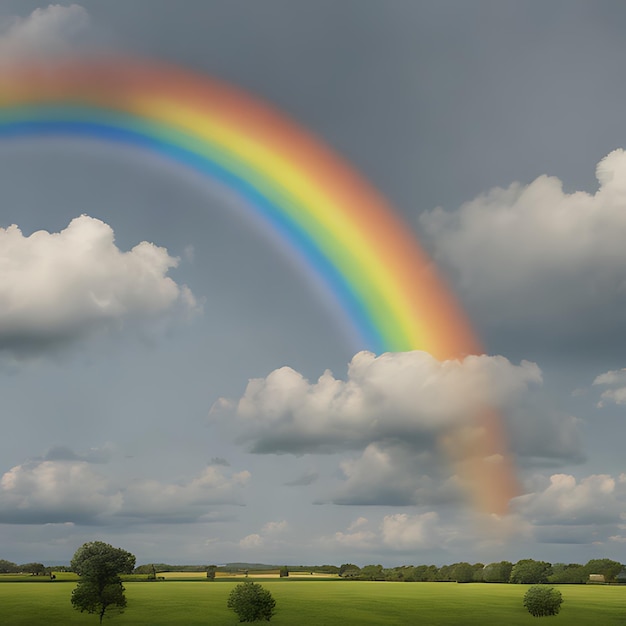 a rainbow is in the sky with trees in the background