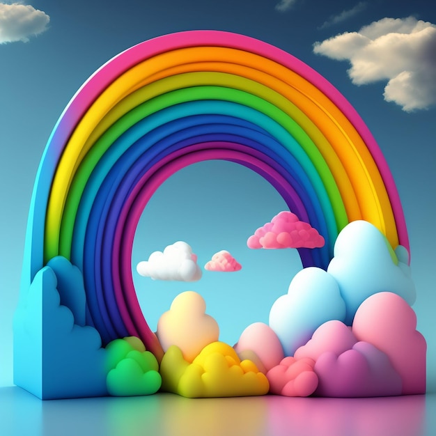 A rainbow is surrounded by clouds and a blue sky.