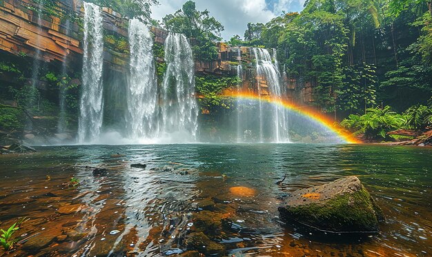 Photo a rainbow is over a waterfall in the jungle