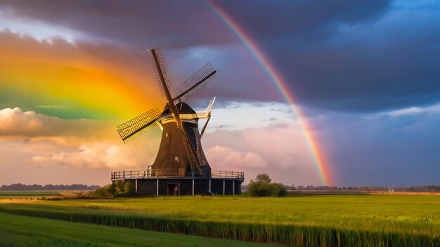 a rainbow is over a windmill and the rainbow is in the background