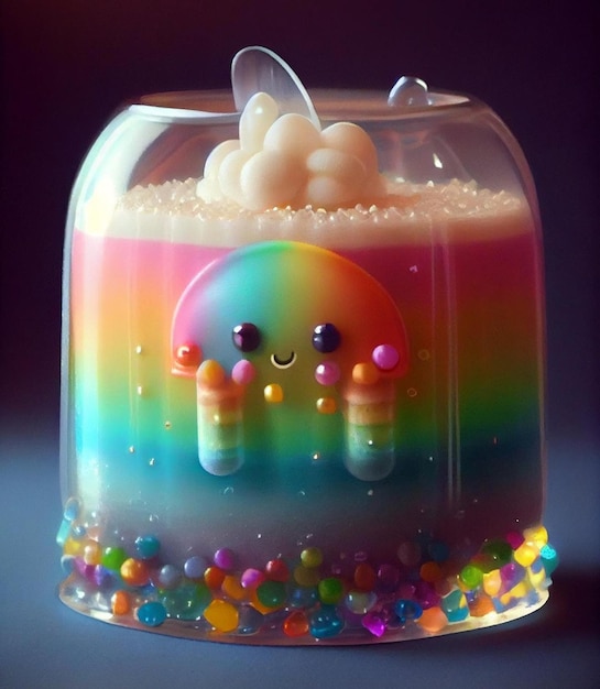 A rainbow jello with a spoon in it