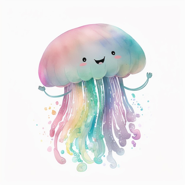 A rainbow jellyfish is drawn on a white background.