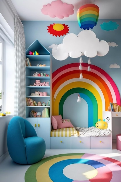 A rainbow in a kids room with a rainbow and a rainbow on the wall.