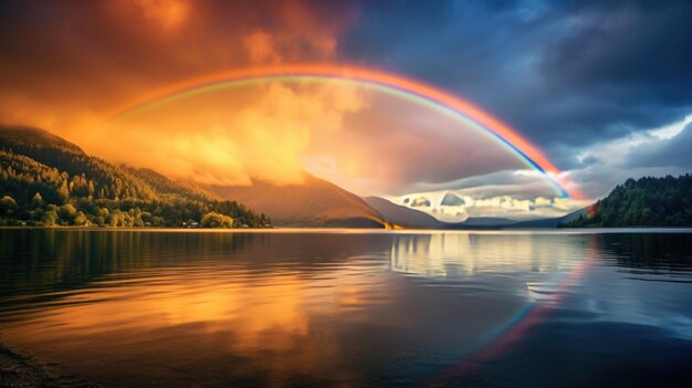 Foto arcobaleno sul lago cielo drammatico immagine concettuale