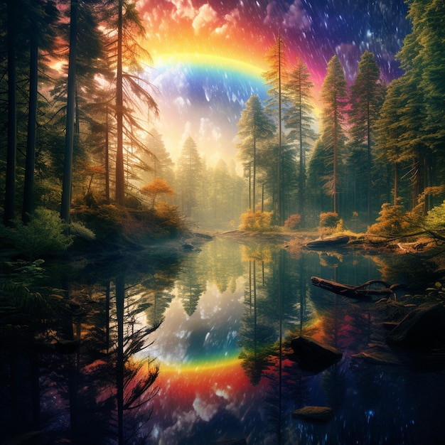 森 の 中心 に ある 虹 の 湖