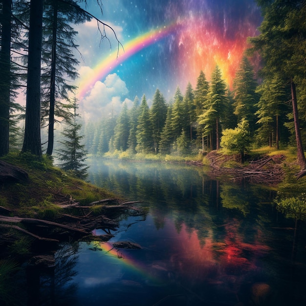 森 の 中心 に ある 虹 の 湖