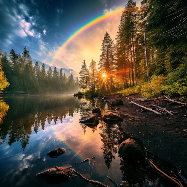 Photo rainbow lake in the heart of the forest