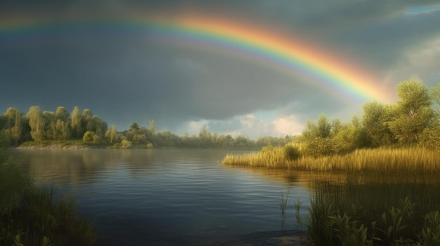 湖を背景に湖にかかる虹