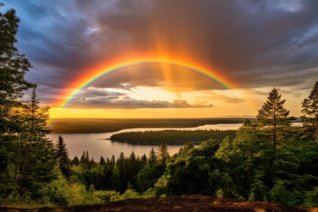 a rainbow over a lake