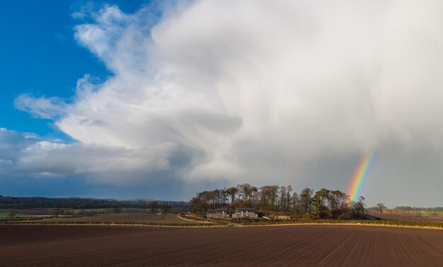 Rainbow over landscape against sky