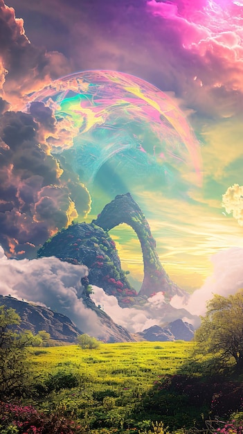 Rainbow landscape in a fantasy world with clouds and sunset