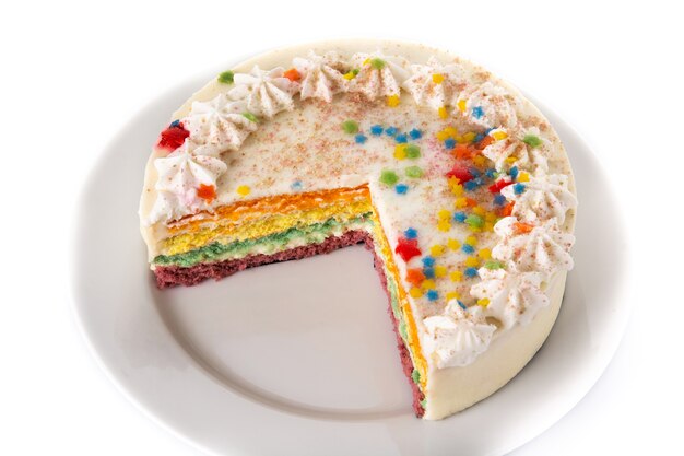 Rainbow layer cake isolated on white background