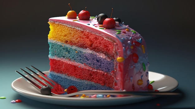 Rainbow layer cake on wooden table and blue background Generative ai