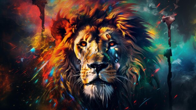 Rainbow lion head Abstract art Neural network AI generated