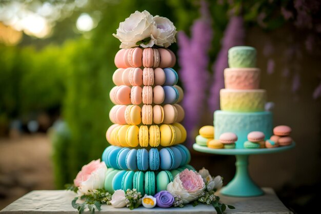 Rainbow macarons wedding cake Generative AI
