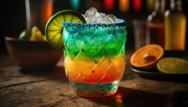 A rainbow margarita glass with lime wedges on a wooden table.