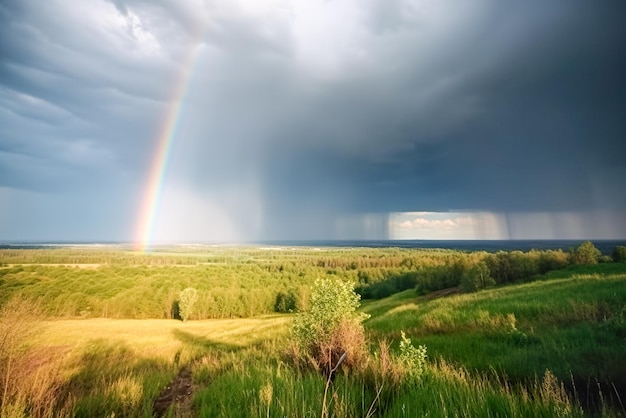 夏の草原にかかる虹 自然の風景 生成AI